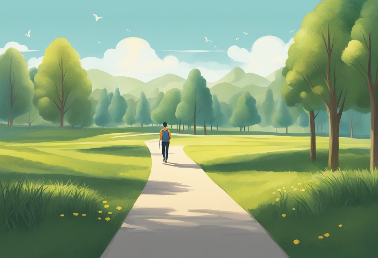 En person, der går på en sti med afstandsmarkeringer, omgivet af træer og natur