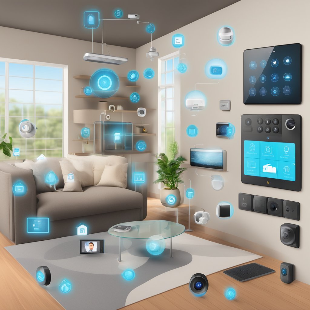 A modern home with smart security cameras, motion sensors, smoke detectors, smart locks, video doorbells, and a central control panel
