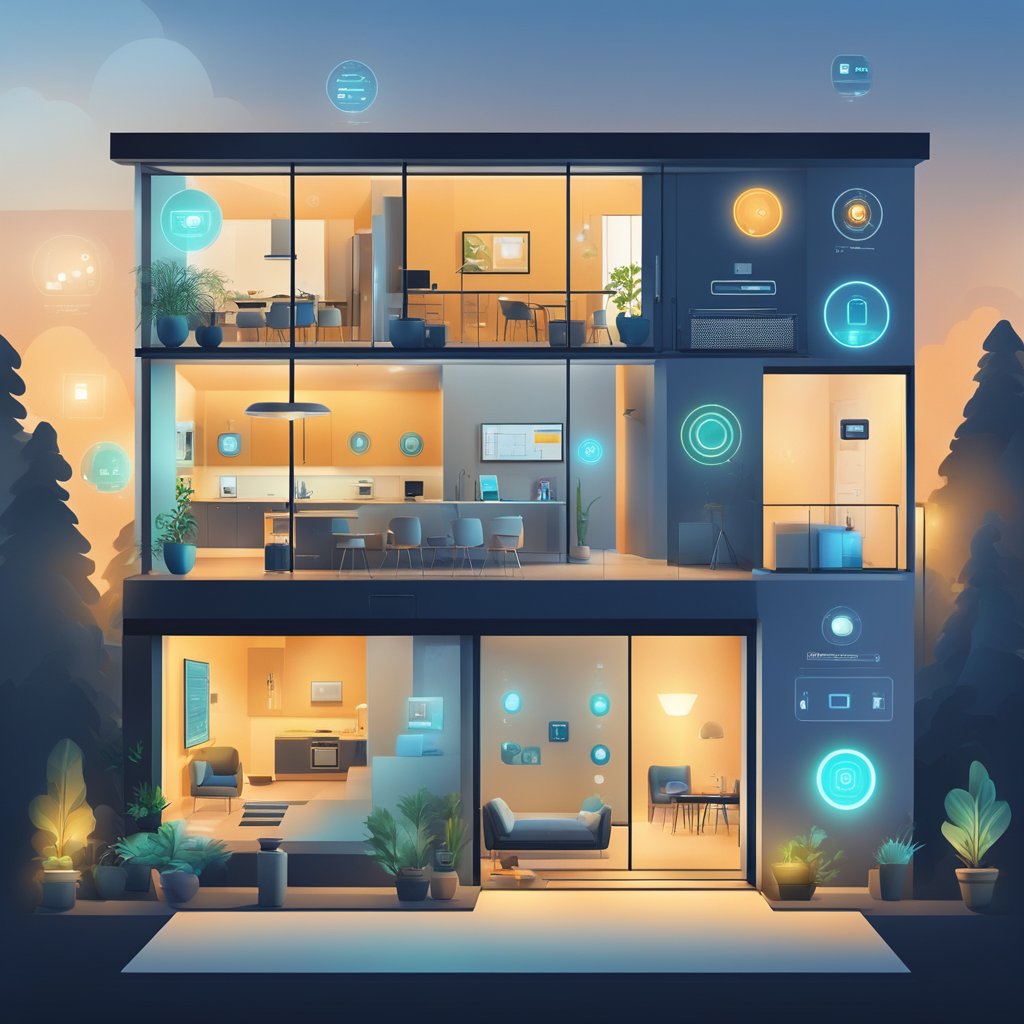 A modern smart home with biometric door locks, security cameras, motion sensors, fire alarms, smart lighting, and voice-controlled virtual assistants