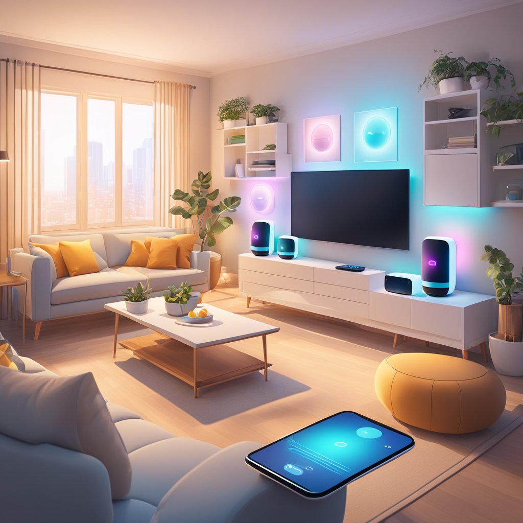 A modern living room with smart devices seamlessly controlled by AI. Lights, thermostat, and entertainment system all respond to voice commands
