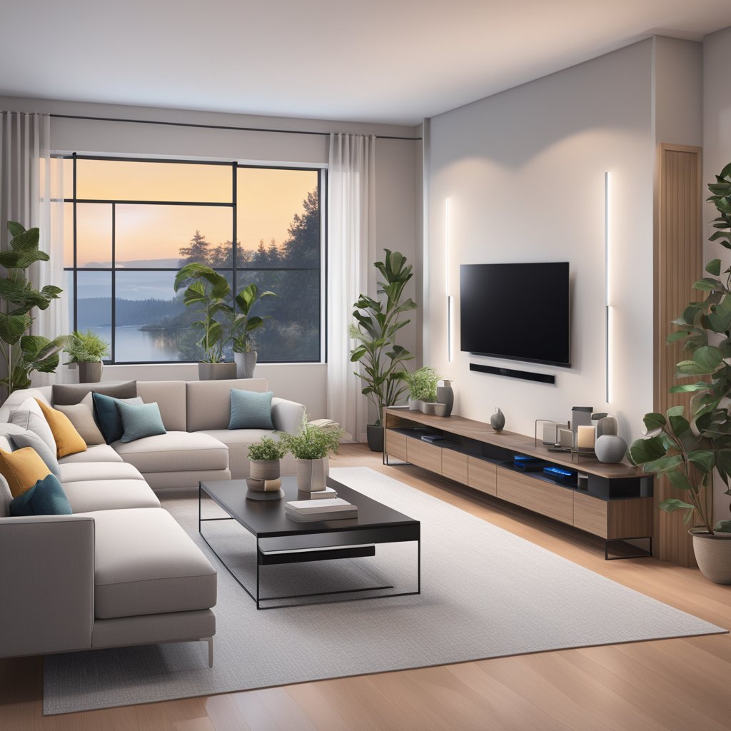 A sleek, modern living room with AI-powered devices seamlessly controlling lighting, temperature, and entertainment systems