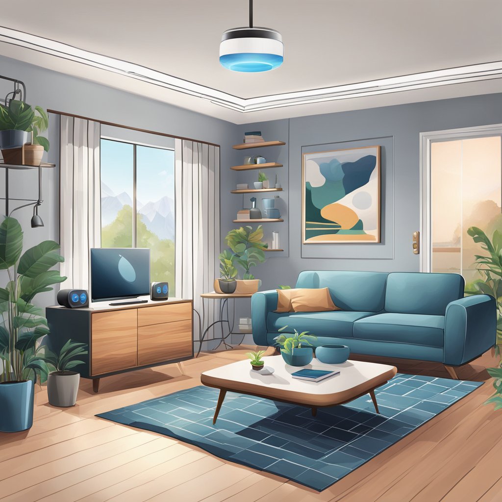 Alexa controlling various smart home devices in a modern living room