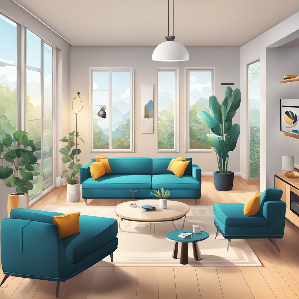 A modern living room with Alexa integrated smart home devices