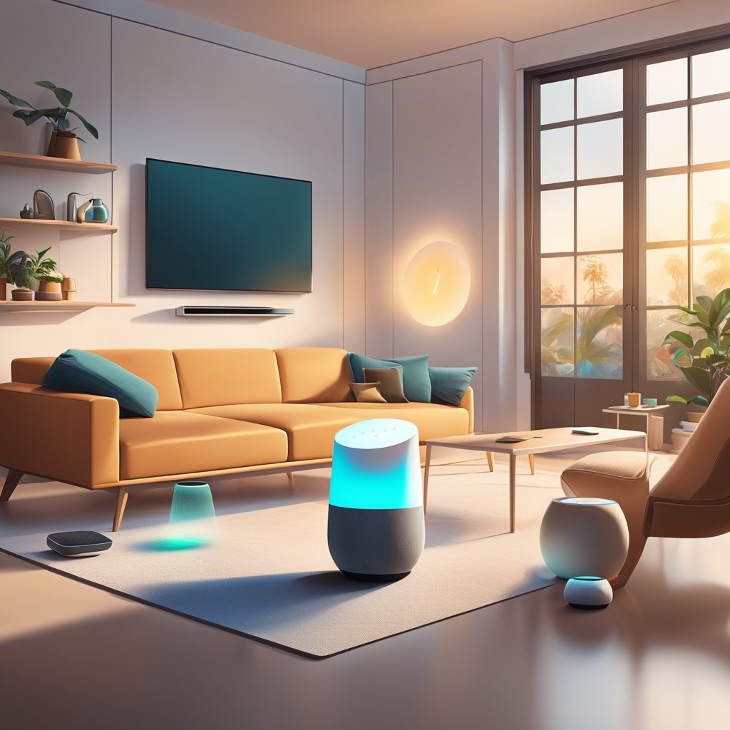 A modern living room with a Google Home and an Amazon Alexa placed on a sleek table, surrounded by smart home devices and emitting a warm, futuristic glow