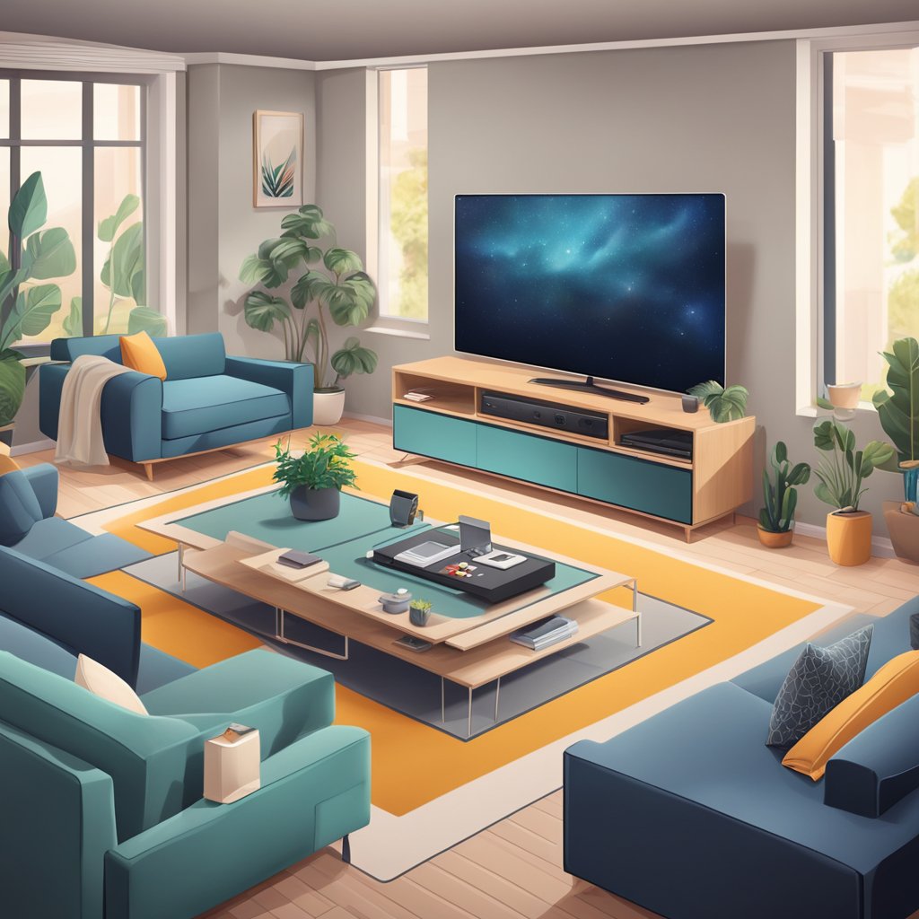 A living room with a sleek, modern smart TV as the focal point, surrounded by various entertainment devices and streaming services