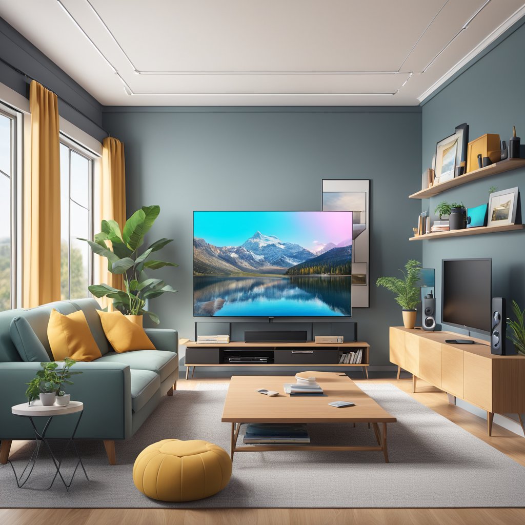 A living room with a sleek, modern smart TV as the focal point, surrounded by various entertainment devices and streaming services