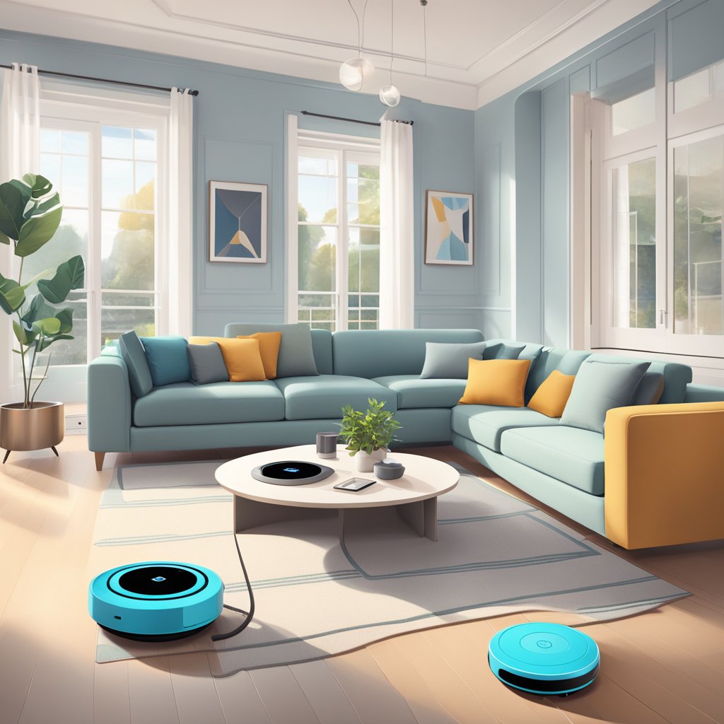 A modern living room with sleek robot vacuums seamlessly navigating around furniture and integrating with smart home devices