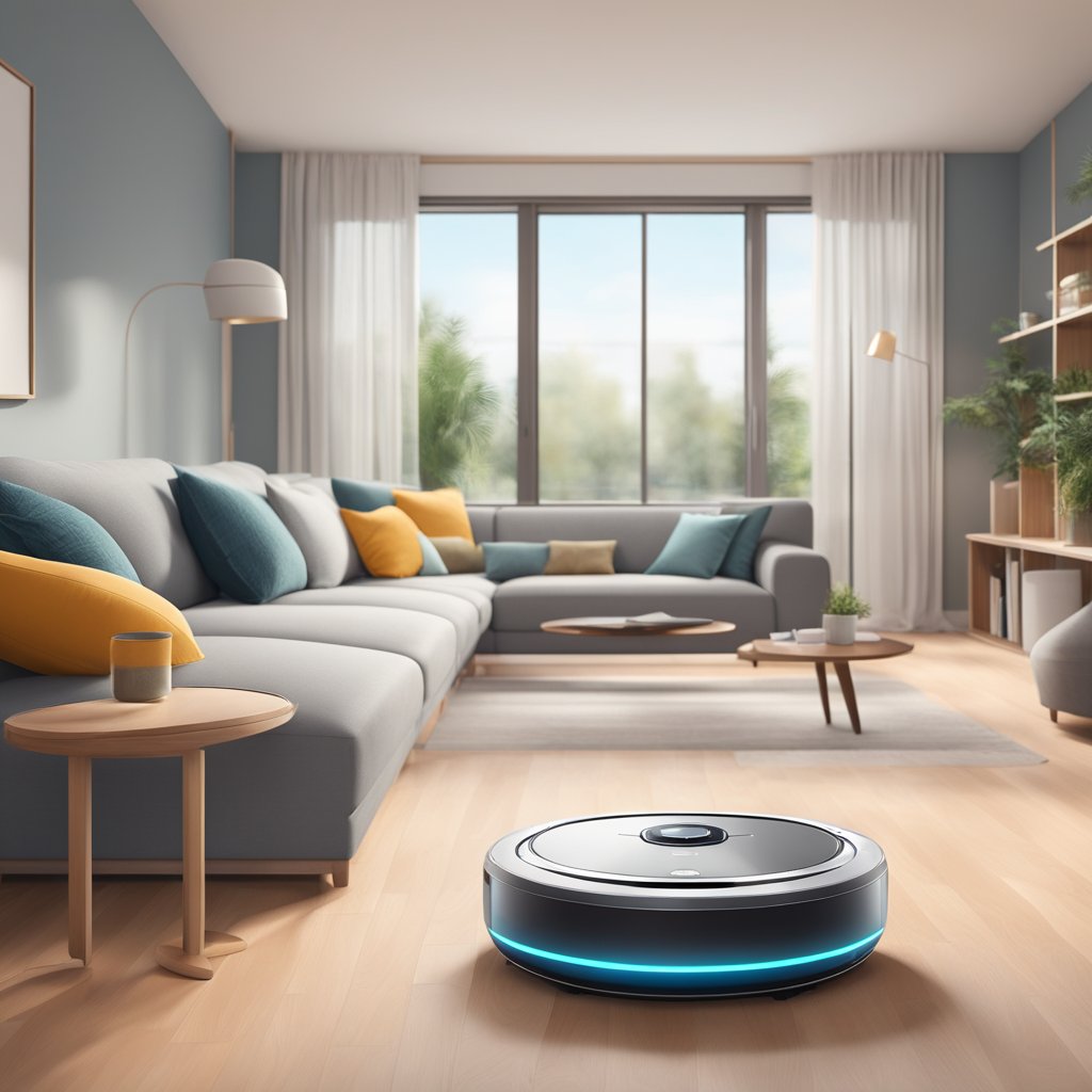 A sleek robot vacuum seamlessly navigates around furniture in a modern living room, while smart home devices control its cleaning schedule and settings