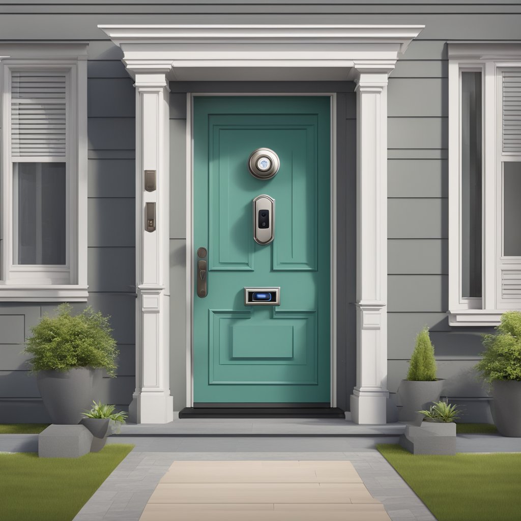 A front door with a Ring Doorbell installed, surrounded by a security system with cameras and sensors