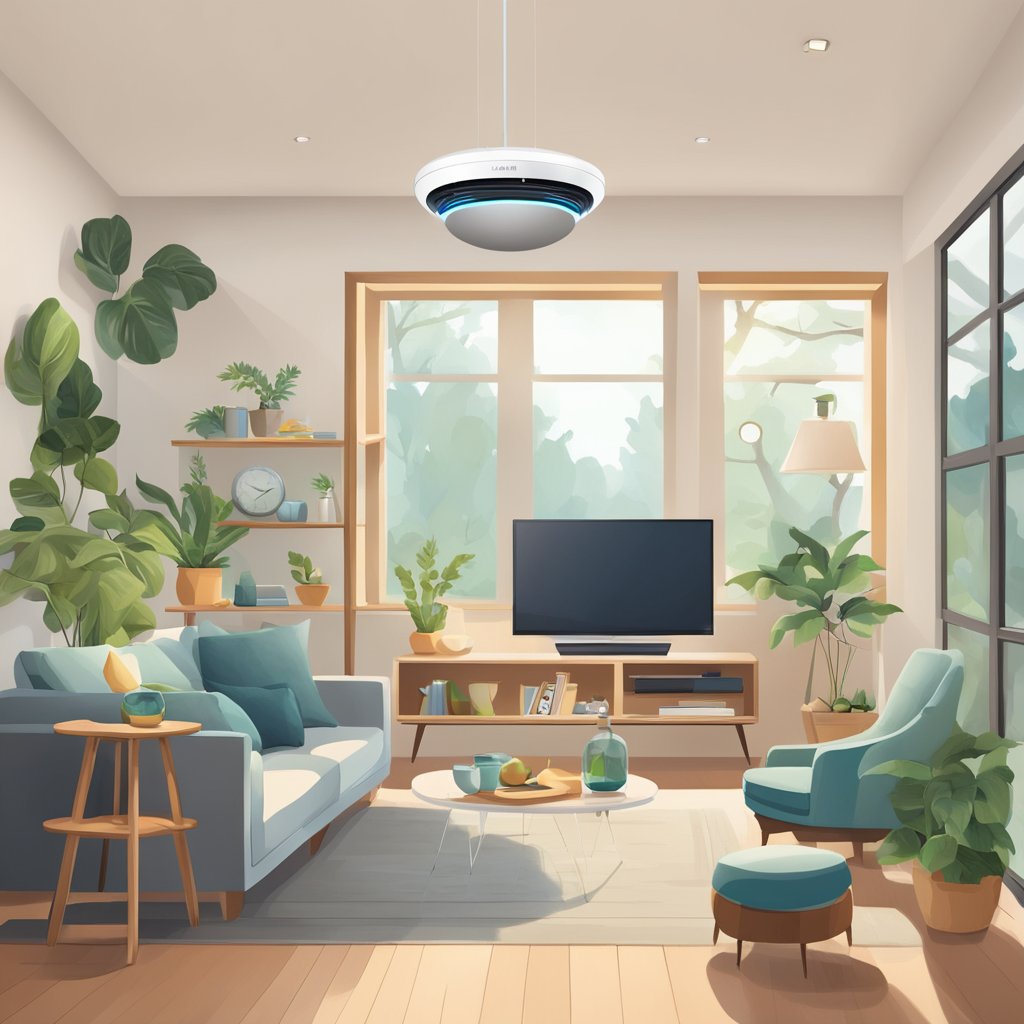 A modern living room with a Nest thermostat set to an energy-efficient temperature, surrounded by smart devices and eco-friendly decor