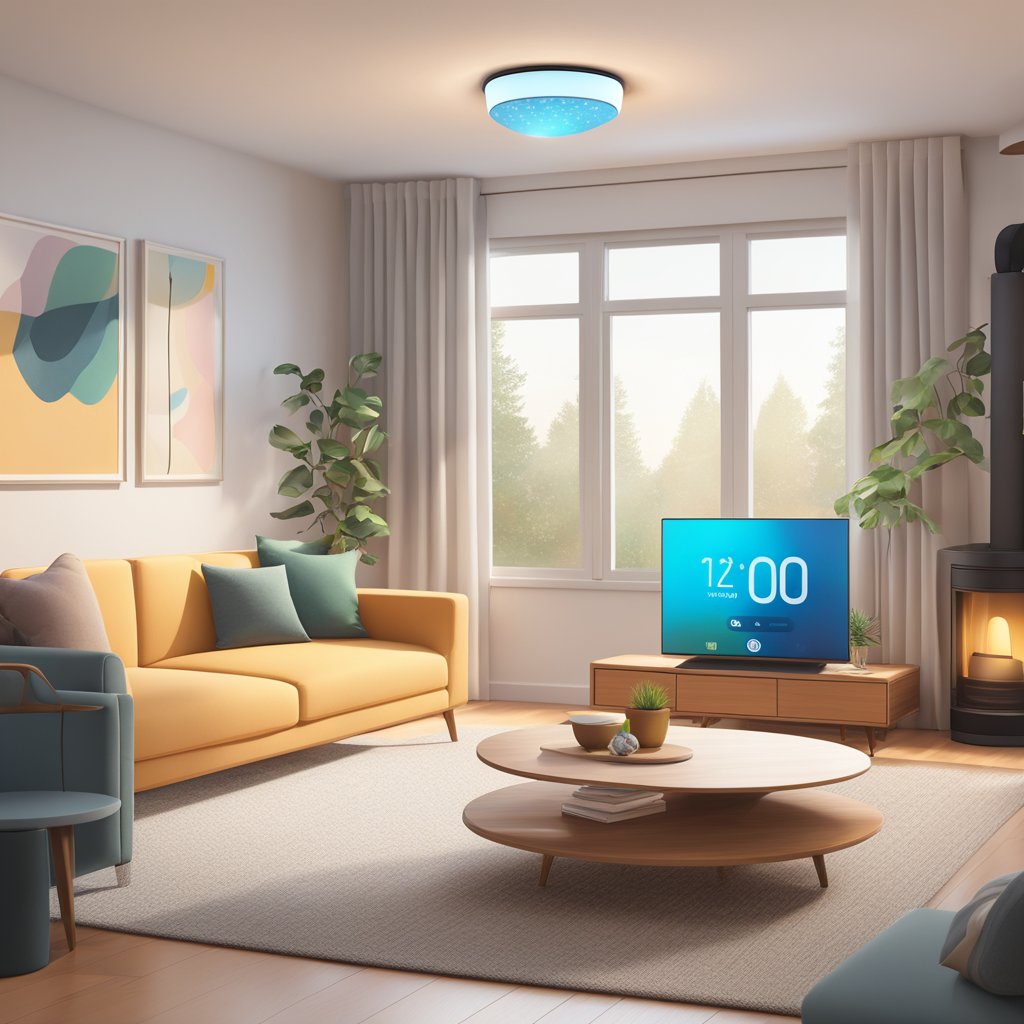 A cozy living room with a modern Nest thermostat on the wall, surrounded by energy-efficient light fixtures and smart home devices