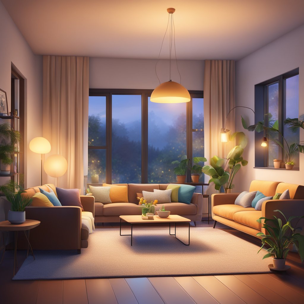 A cozy living room with color smart bulbs casting a warm, ambient glow, creating a relaxing and inviting atmosphere