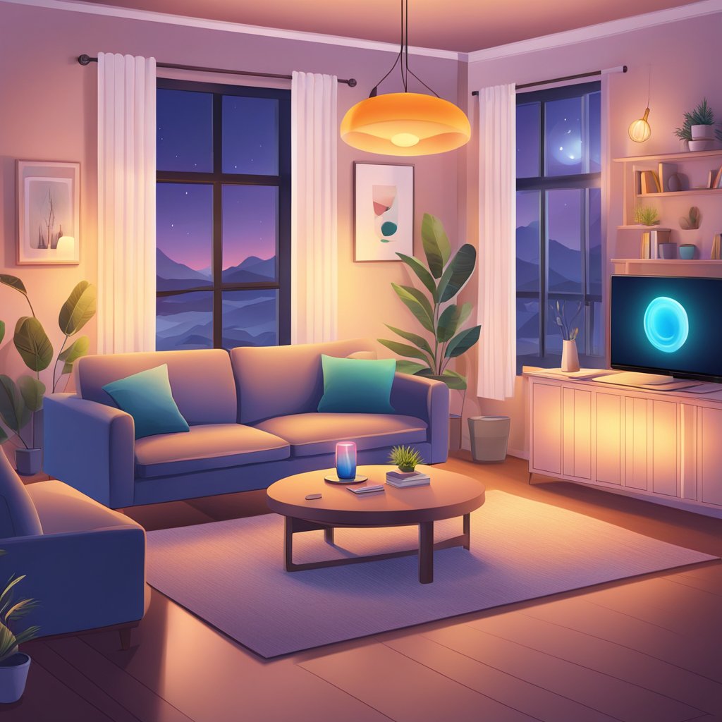 A cozy living room with color smart bulbs casting warm, ambient lighting. A smartphone app is shown adjusting the colors and brightness of the bulbs