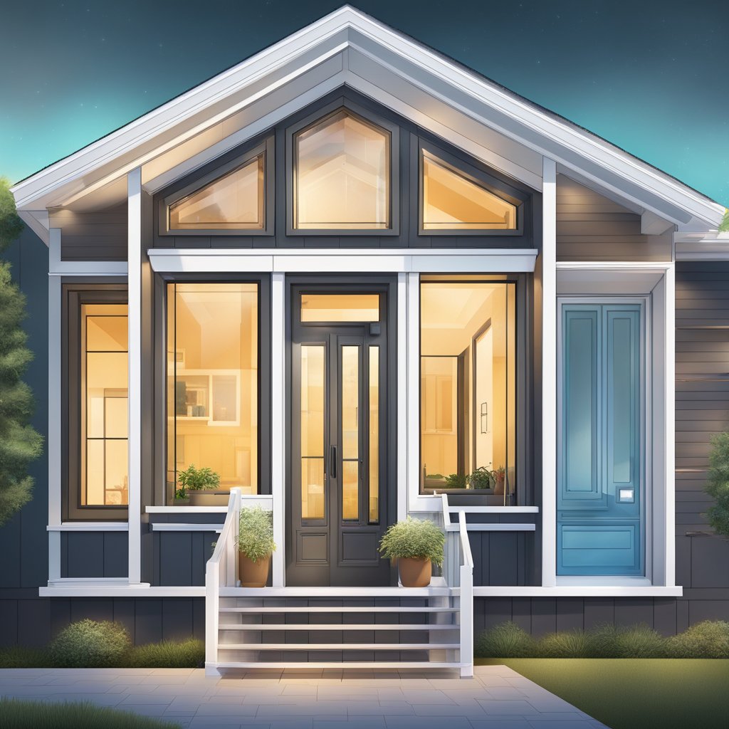 A modern, sleek window with high-tech sensors and security features installed, surrounded by a well-kept exterior of a home