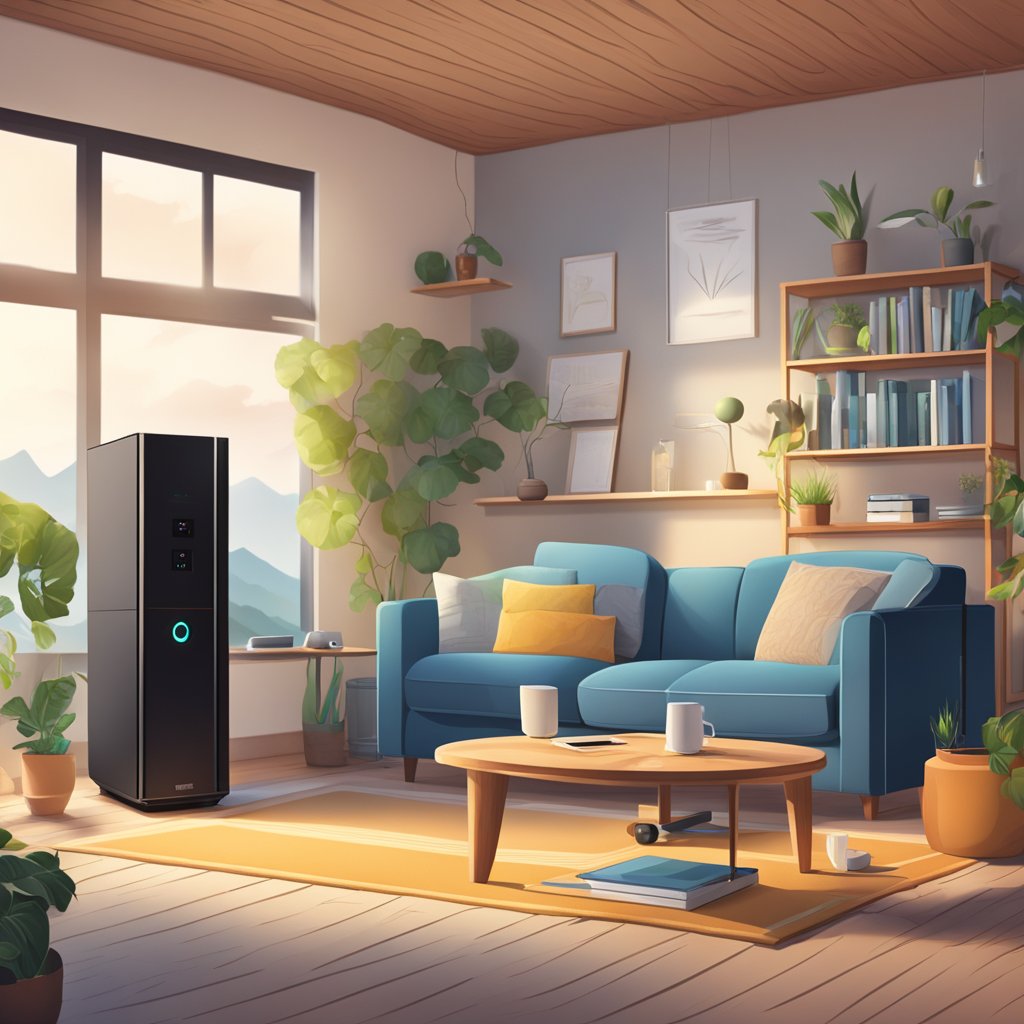 A cozy living room with a smart home server setup on a wooden table, surrounded by various devices and a mix of local and cloud-based technology