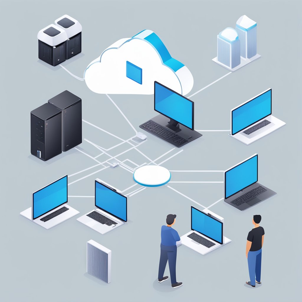 A person setting up a smart home server, with a local server on one side and a cloud server on the other, surrounded by various smart home devices