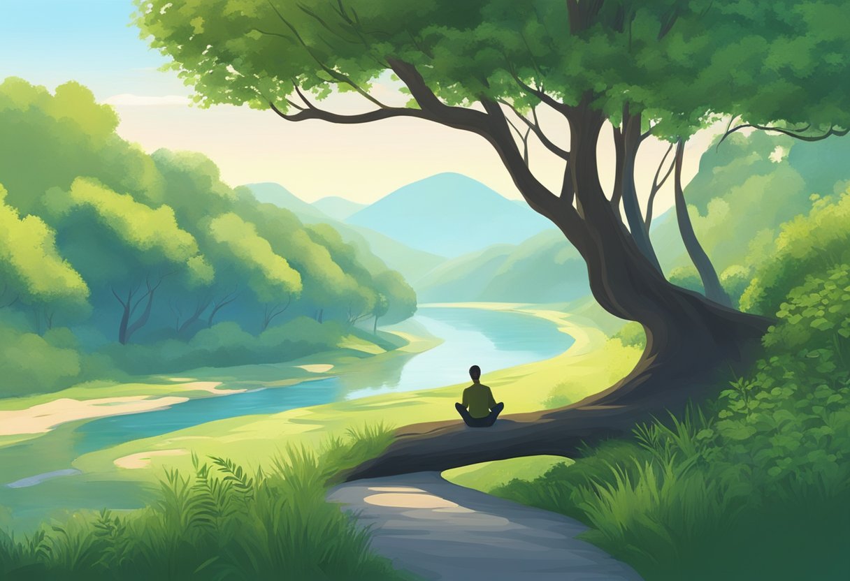 A serene nature scene with a winding river, lush greenery, and a clear blue sky. A person meditates under a tree