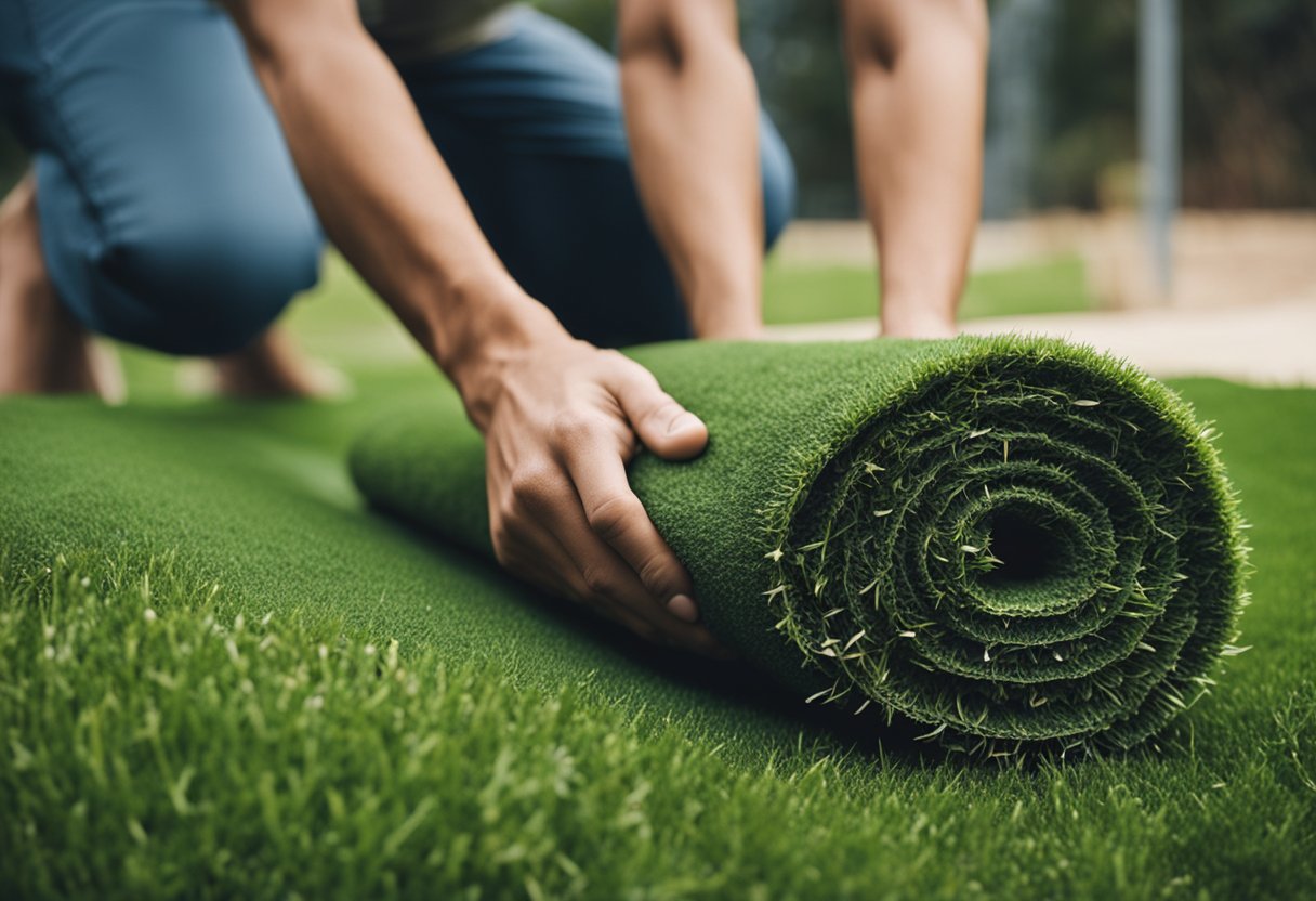 A person unrolls and lays artificial grass over bare dirt in a backyard