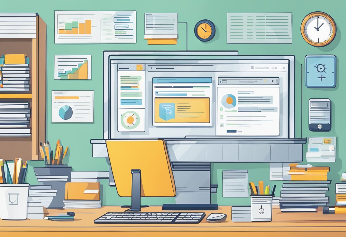 A desk with a computer screen displaying an email management interface. A clock on the wall shows 5 hours saved