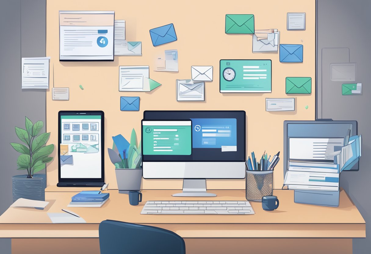An office desk with a computer screen showing an AI email management system, a clock indicating 5 hours saved, and organized email folders
