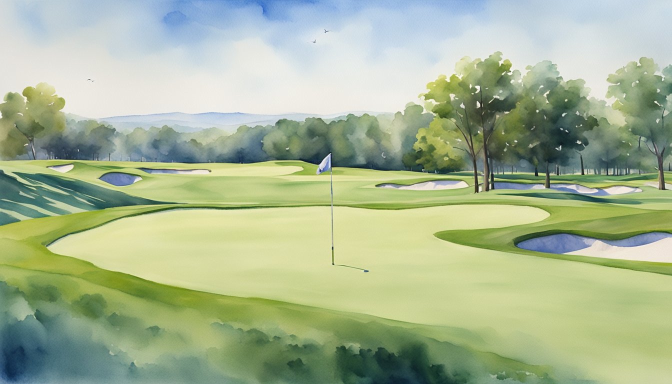A serene golf course with rolling green fairways, bunkers, and a flagstick-dotted putting green under a clear blue sky
