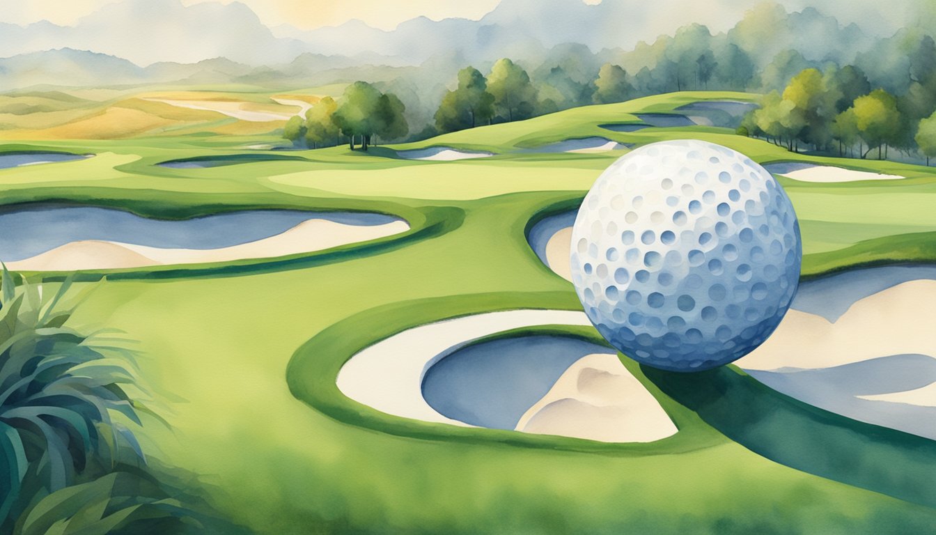 A golf ball flying over a futuristic course with advanced technology, while old rule books are being replaced by updated versions