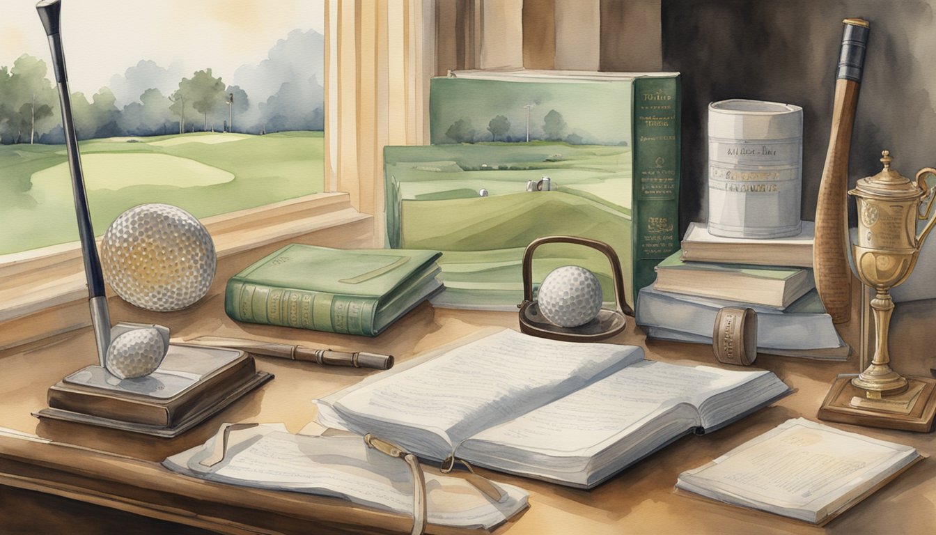 A timeline of golf rulebooks from different eras, with modern and historical golf equipment displayed alongside