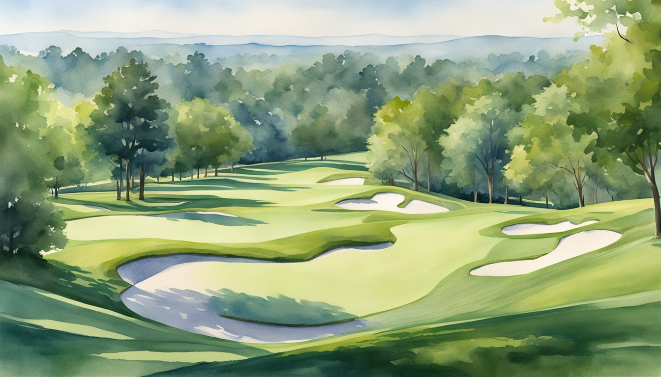 A golf course with rolling green fairways and manicured bunkers, surrounded by lush trees and a clear blue sky