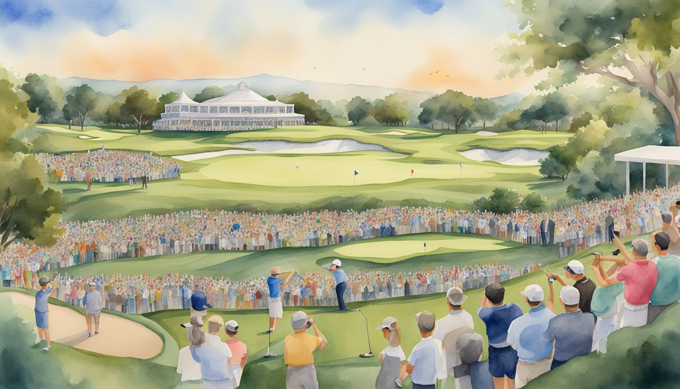 A golf course with iconic landmarks and trophies, surrounded by cheering fans and media capturing the legacy of the top 10 players of all time