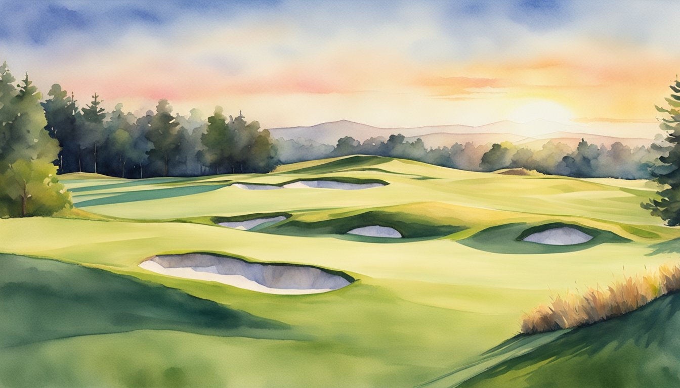 A serene golf course at dusk, with the sun setting behind the rolling green hills and a lone flag fluttering on the 18th hole