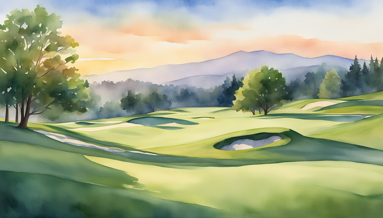 A serene golf course at sunset, with rolling green hills and a lone flag fluttering in the breeze, surrounded by towering trees
