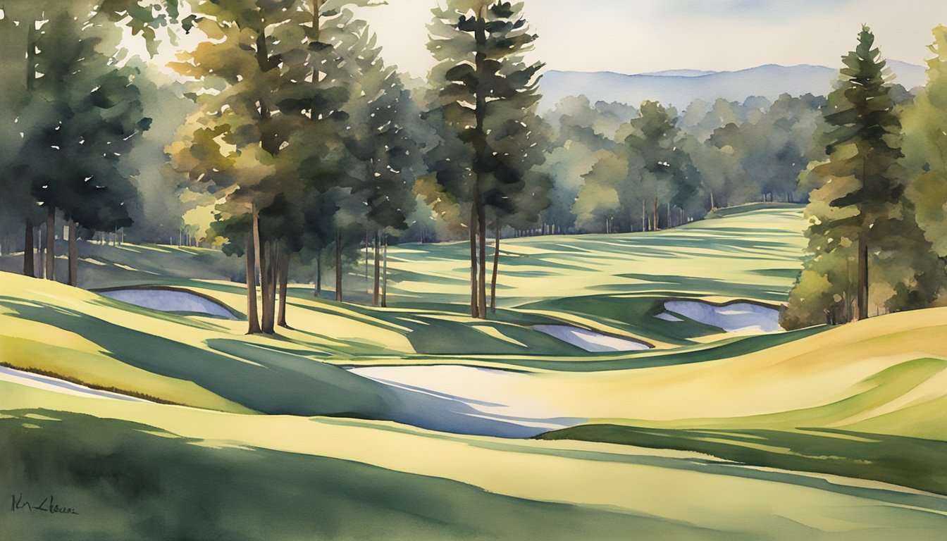 A serene golf course at sunset, with towering trees casting long shadows over the undulating fairways and an air of timeless tranquility