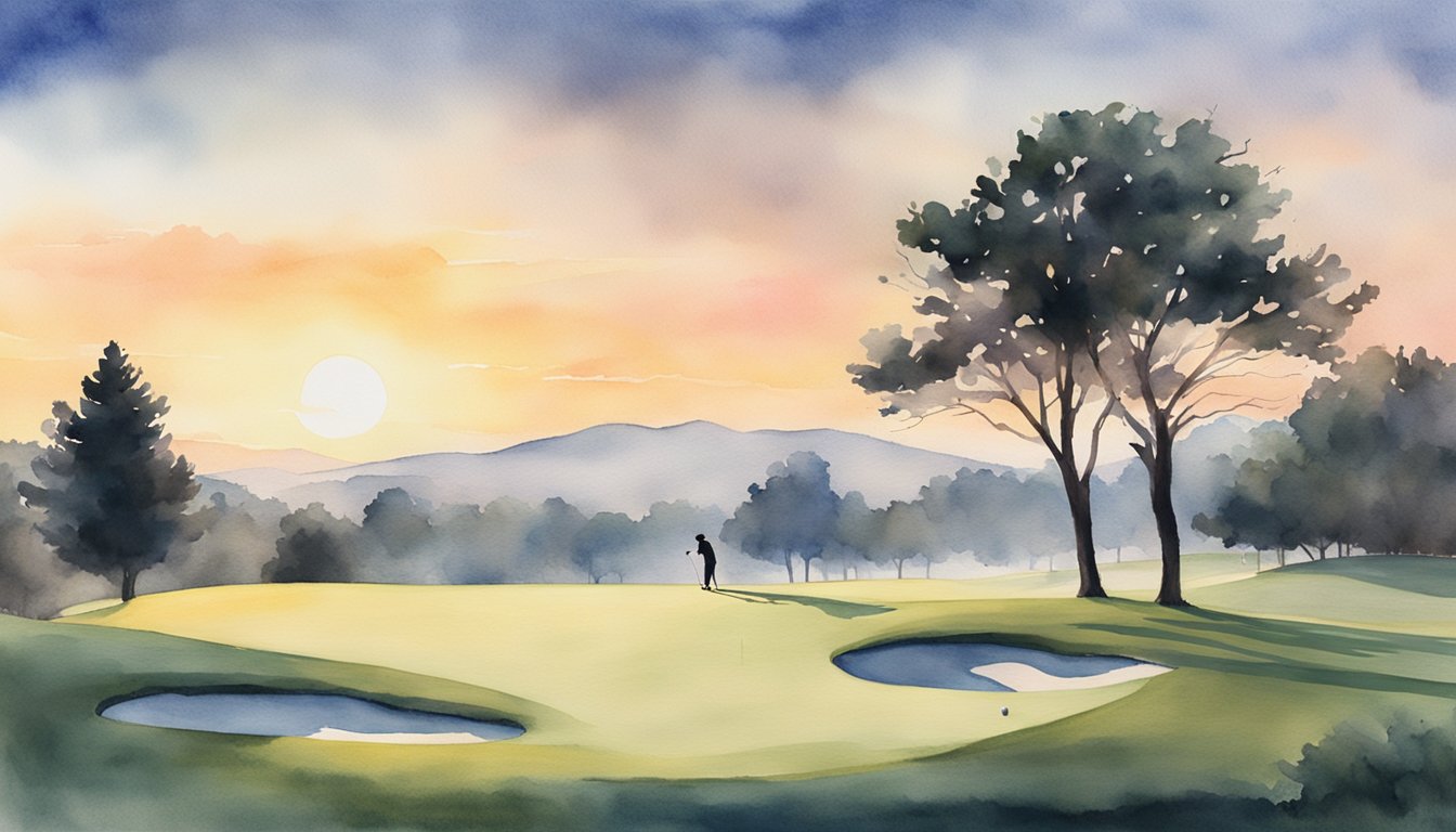 A serene golf course at dusk, with the silhouette of a lone golfer teeing off against the fading light