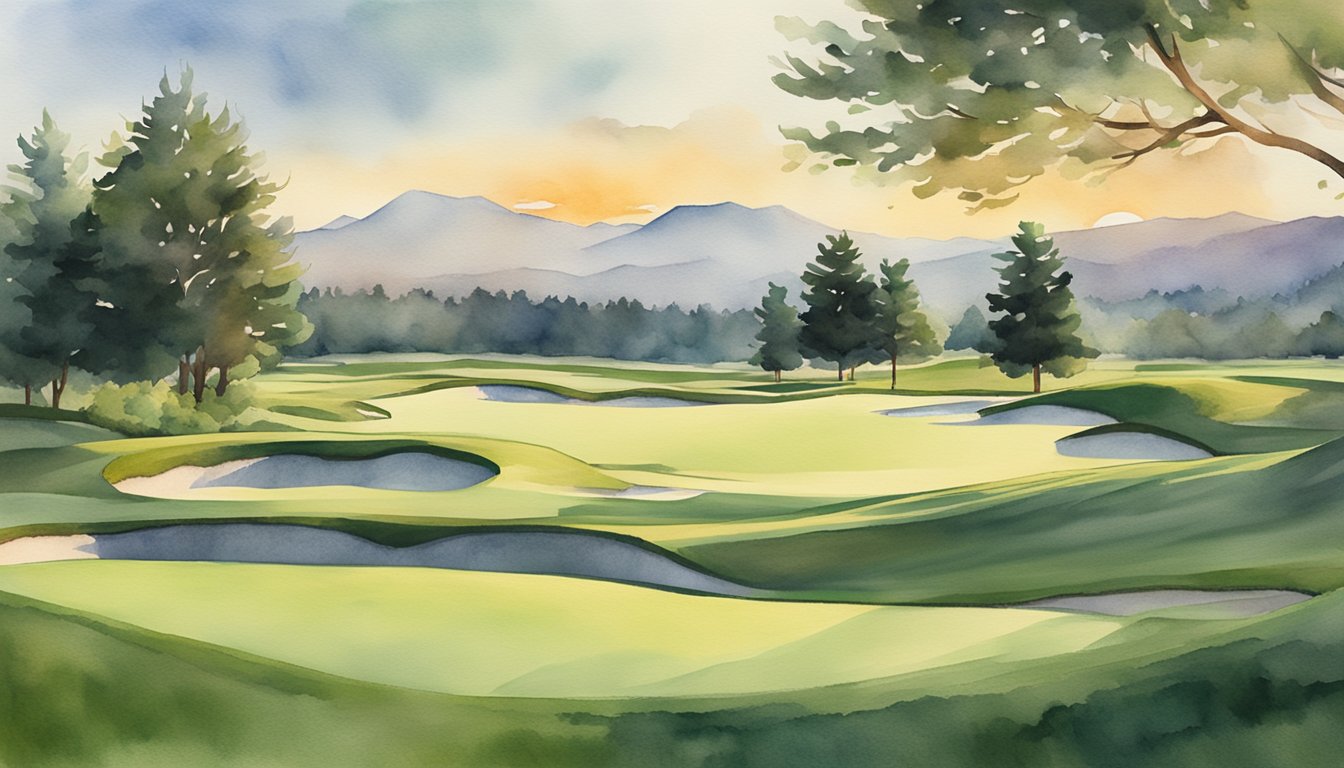 A serene golf course at sunset, with rolling green fairways and a lone flag fluttering in the breeze, surrounded by towering trees and distant mountains