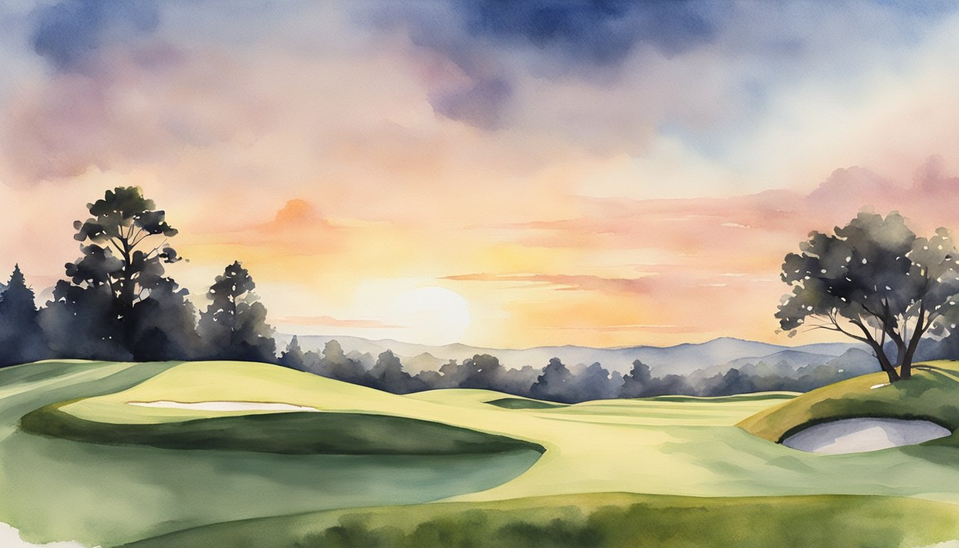 A serene golf course at sunset, with the silhouette of a lone golfer paying homage to forgotten legends