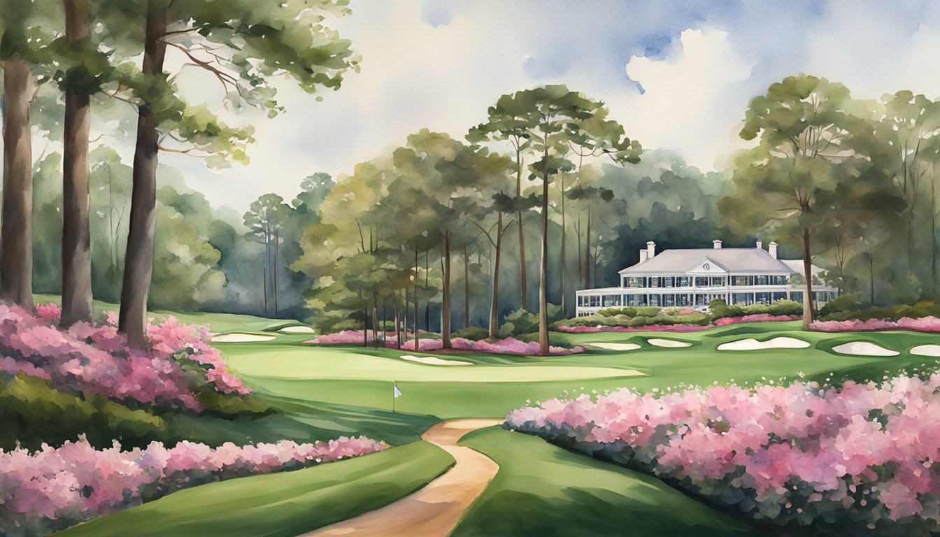 Lush green fairways winding around iconic Augusta National clubhouse, framed by blooming azaleas and towering pines. Magnolia Lane leads to a historic setting of golf's greatest champions