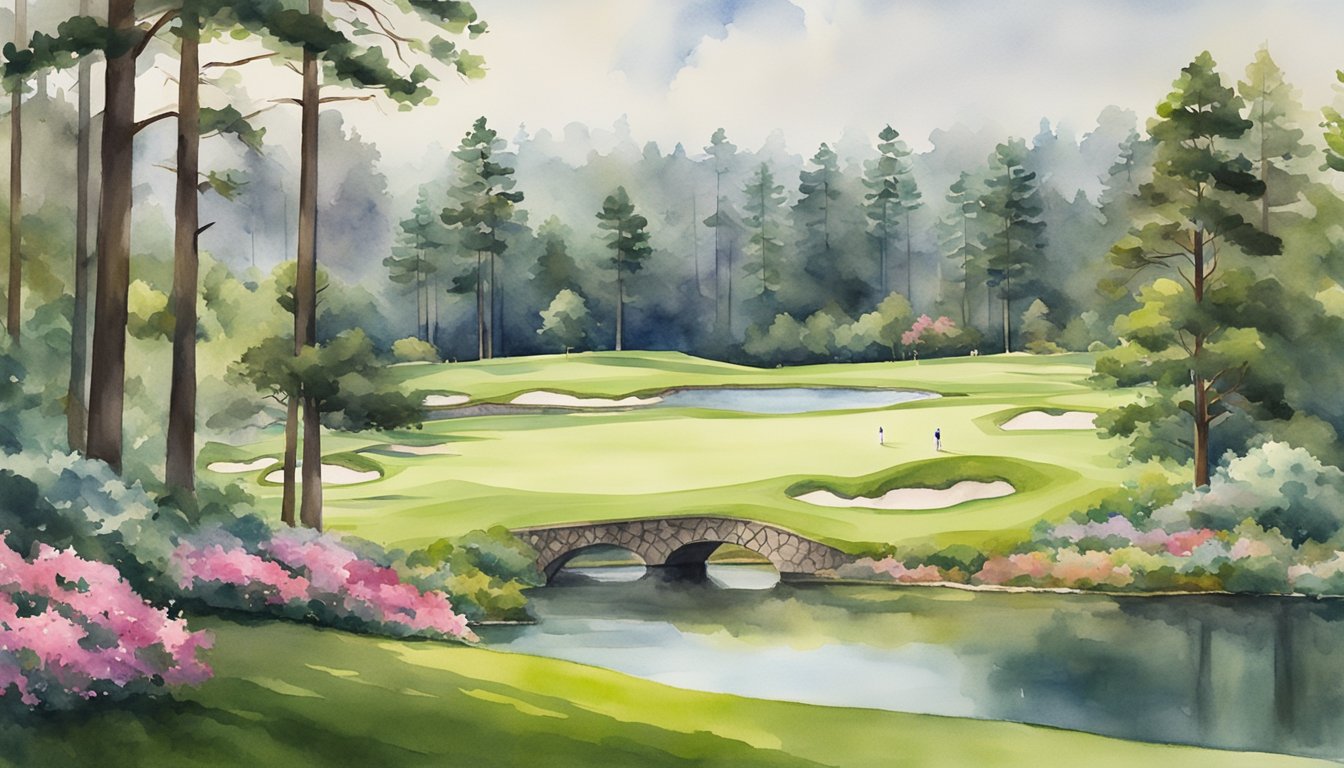 A lush green golf course with a pristine clubhouse, iconic bridges, and blooming azaleas, surrounded by towering pine trees