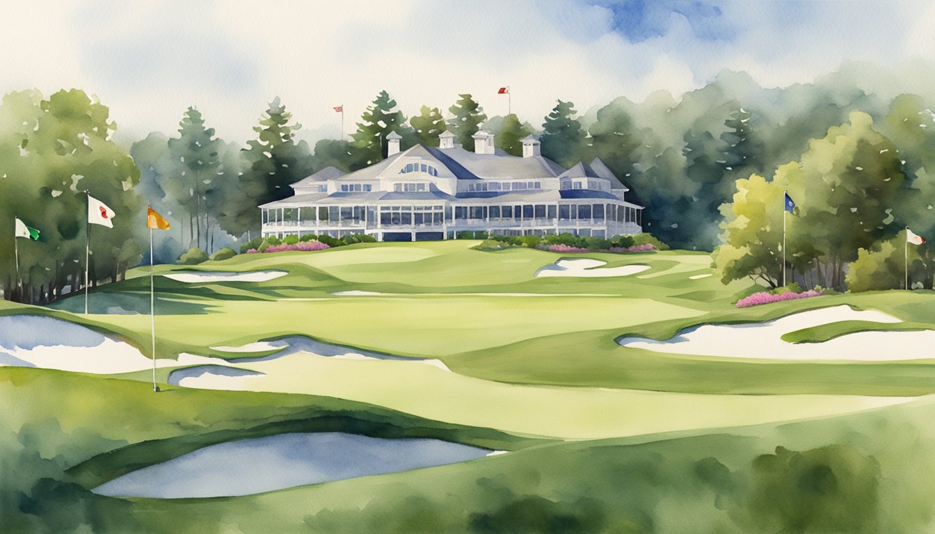 A lush green golf course with a grand clubhouse and iconic tournament flags fluttering in the breeze
