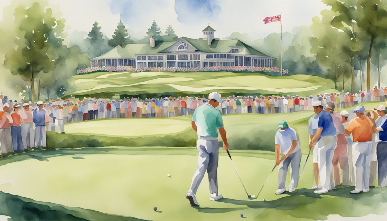 A lush green golf course with a grand clubhouse in the background, adorned with flags and banners, surrounded by a crowd of cheering spectators