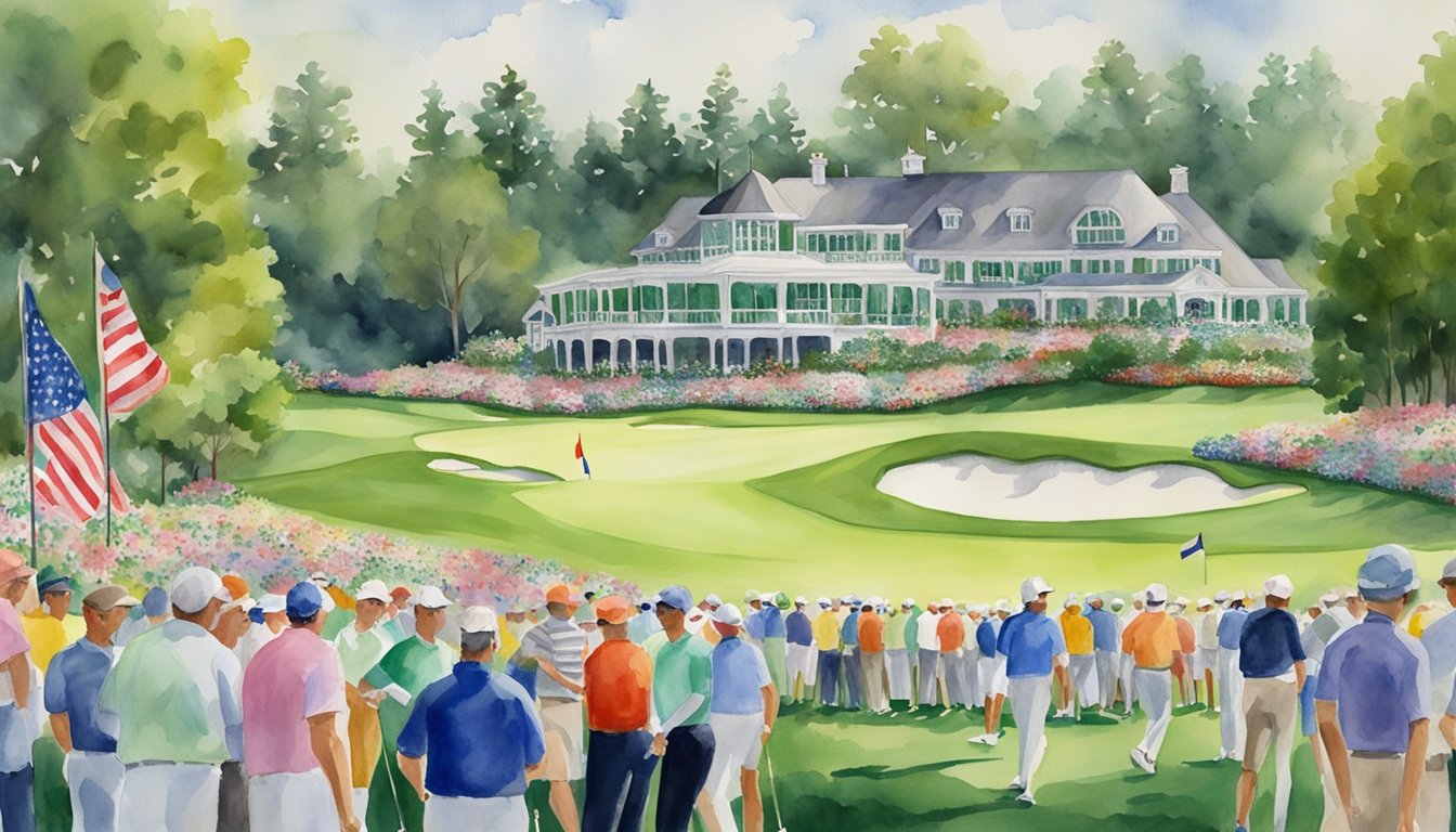 A lush green golf course with a grand clubhouse in the background, adorned with flags and banners, as players compete in the Masters Tournament