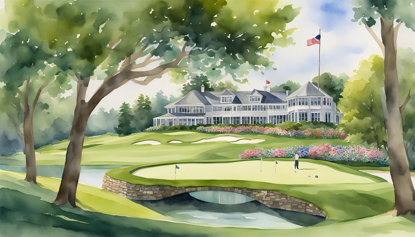 A lush green golf course with a grand clubhouse in the background, adorned with flags and banners representing the prestigious Masters Tournament
