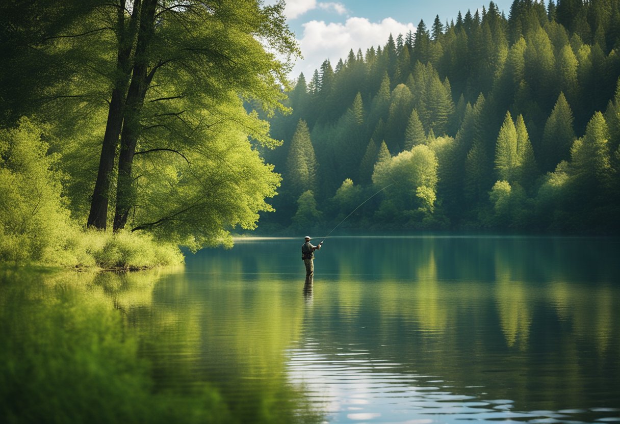 A serene lake with a fly fisherman casting his line, surrounded by lush green trees and a clear blue sky