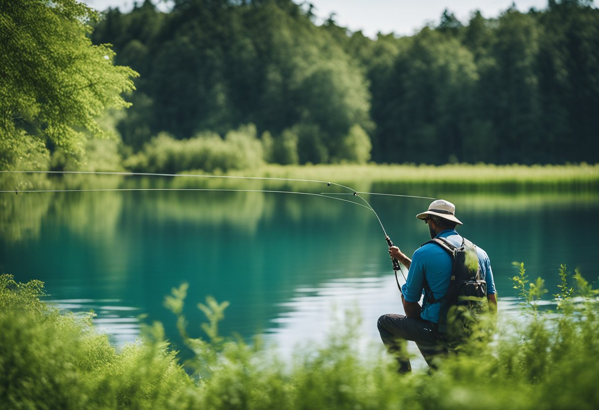 A serene lake with a fisherman casting a line, surrounded by lush greenery and a clear blue sky