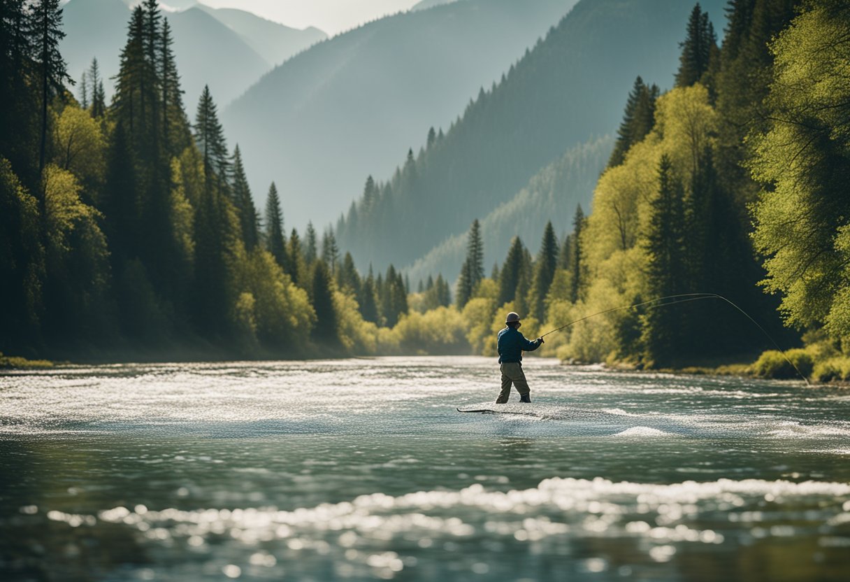 A fly fisherman casts a Skagit Spey line across a rushing river, surrounded by lush green trees and snow-capped mountains in the distance