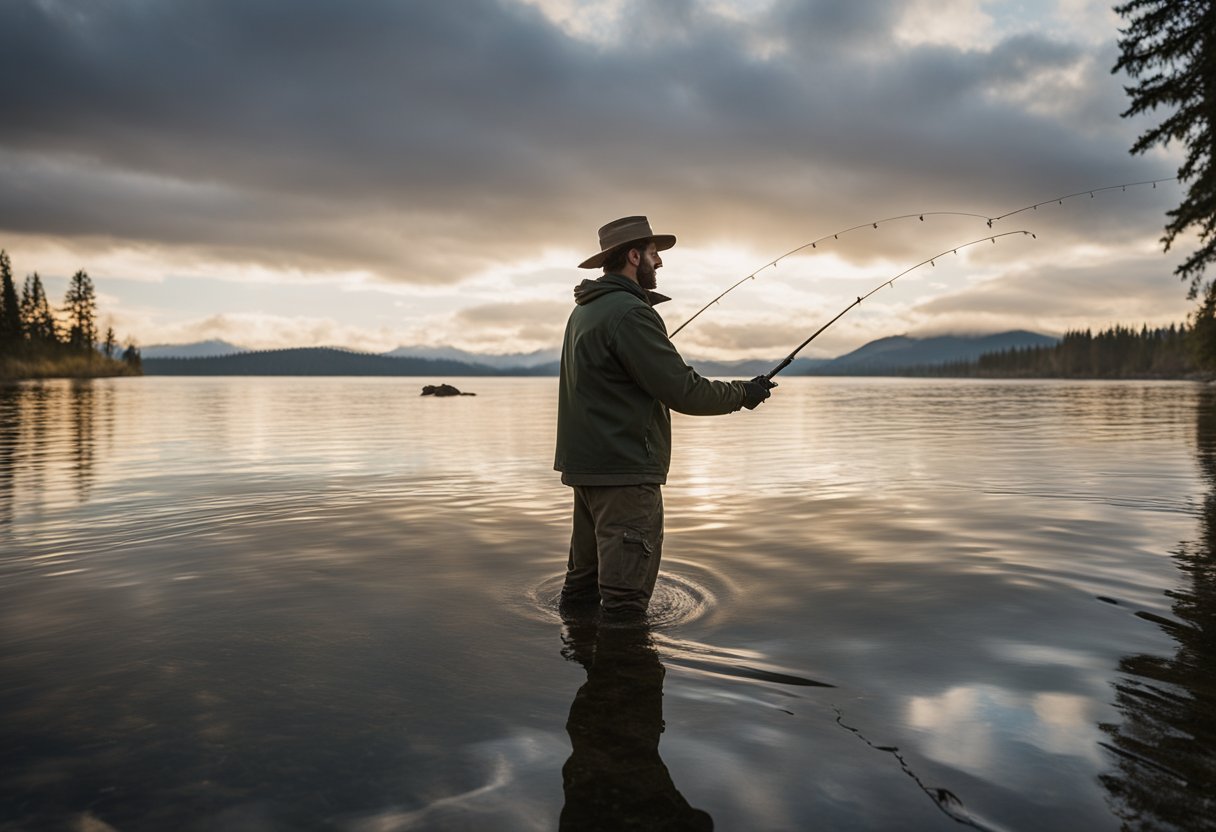 A steelhead angler casts a Skagit line, watching it sink in the water as they prepare to swing their fly for a catch