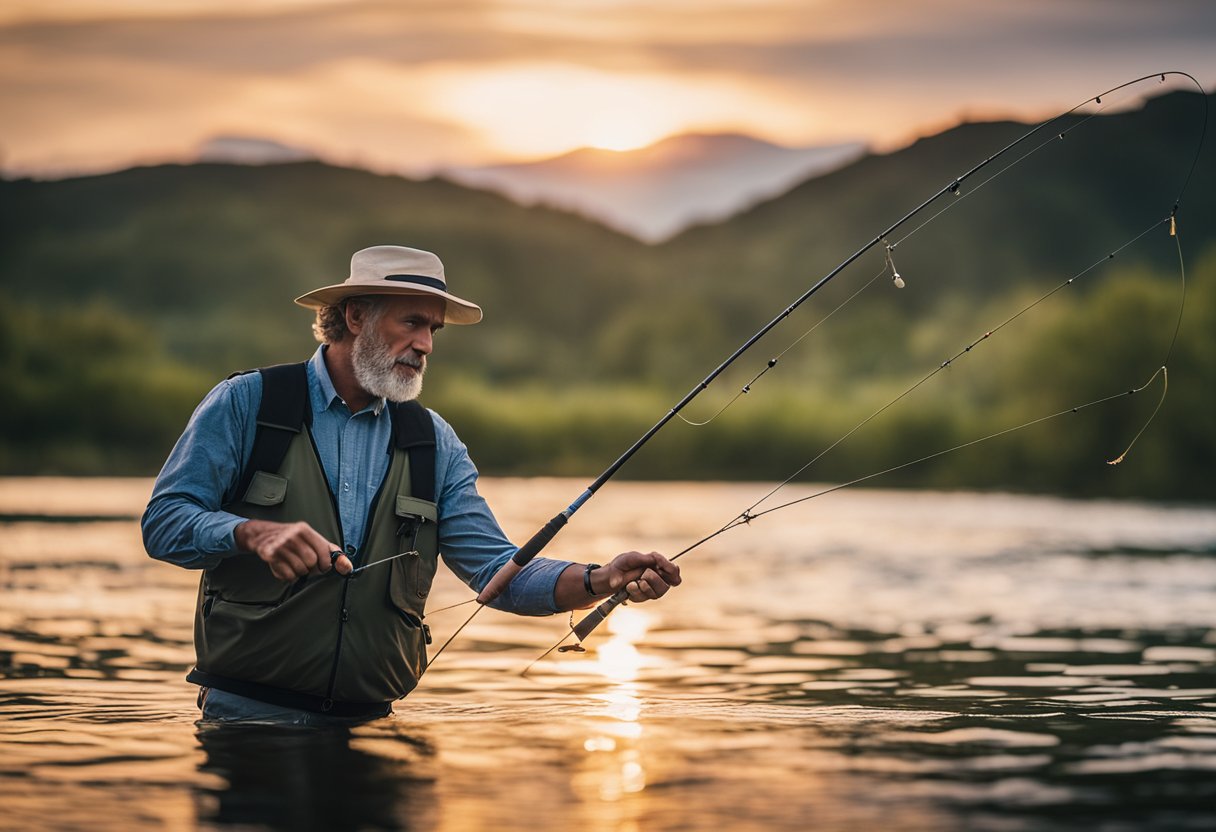A fisherman casting a switch rod with a Rio Spey fly line, using a Spey switch fly on a riverbank at dusk