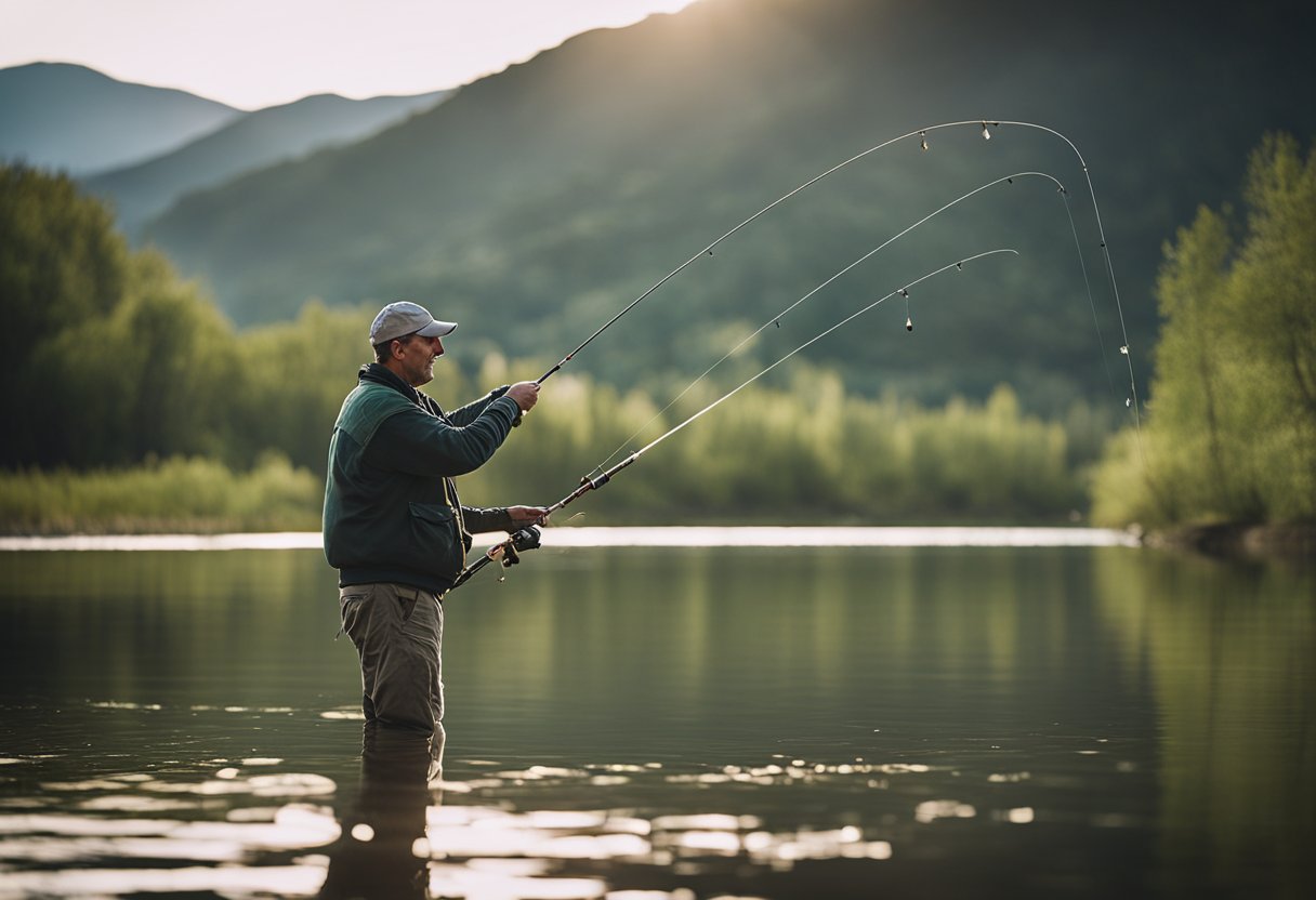 A fisherman casting a switch rod with a Rio Spey fly line on a calm riverbank