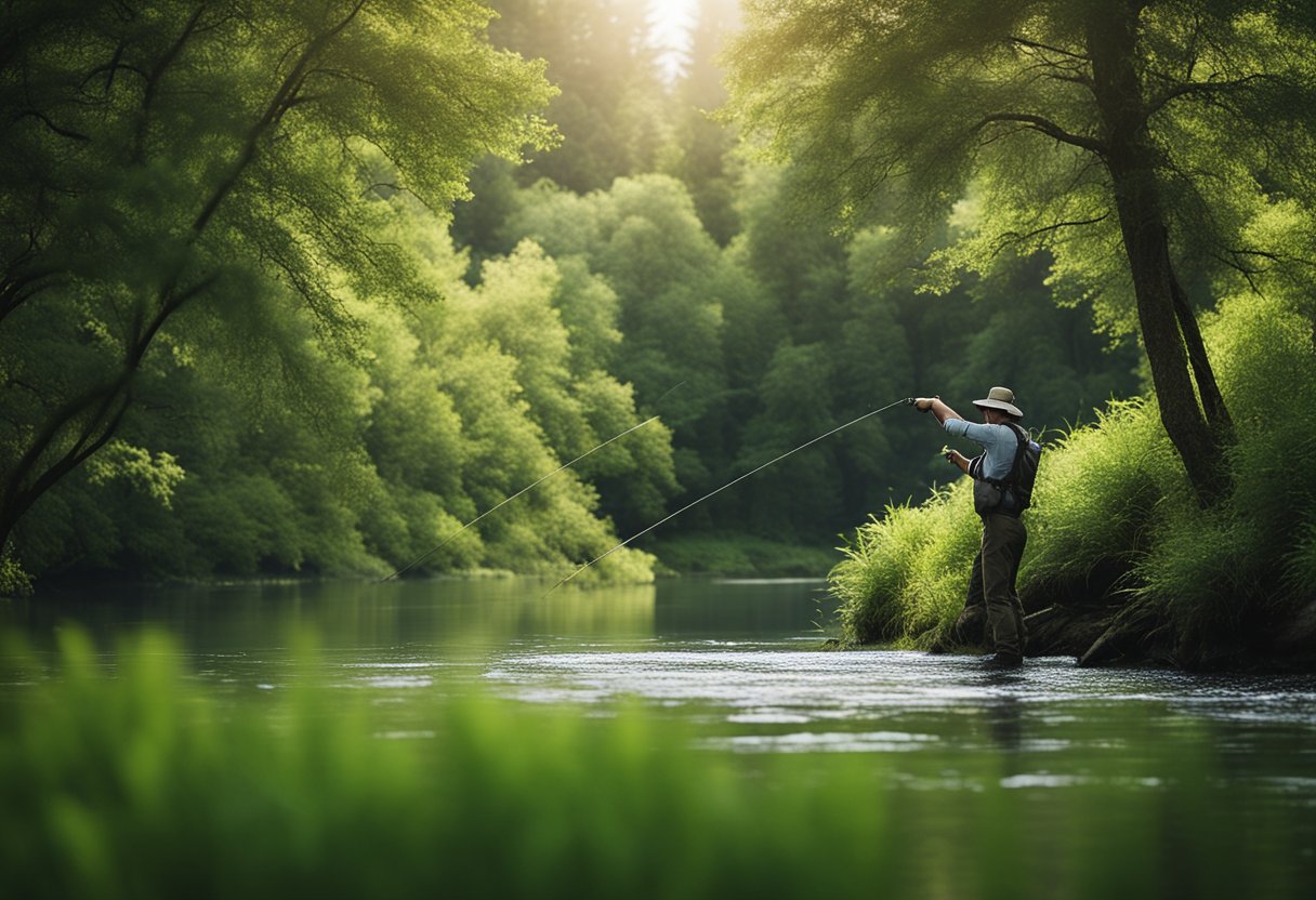 A serene river with a fly fisherman casting a switch rod with a spey line, surrounded by lush greenery and calm waters