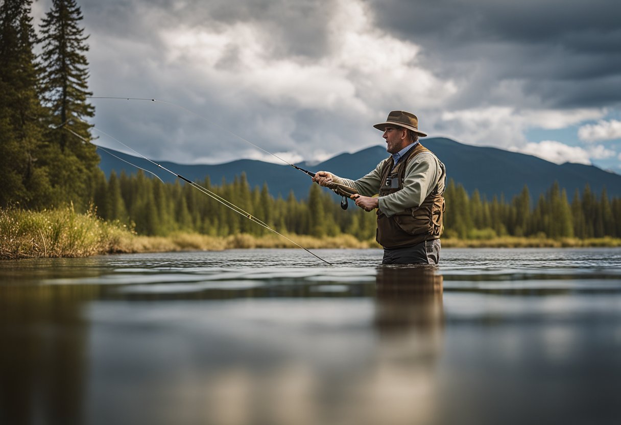 A fly fisherman expertly casts a Scandi vs Skagit fly line with a floating vs sinking Spey line, carefully adjusting the Spey line leader setup for the best grain weight