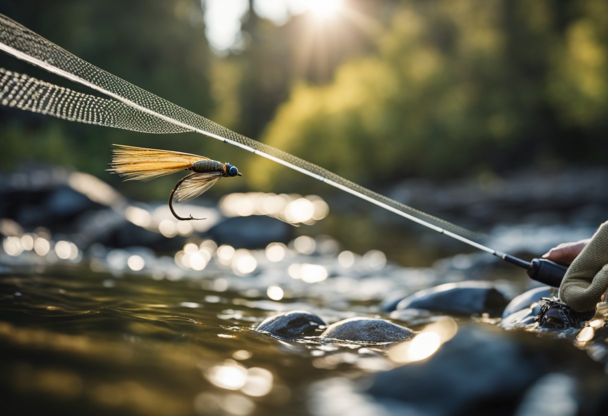 A fly fisherman gracefully casts a long belly Spey line over a flowing river, with a classic Spey casting technique, using a traditional Spey fly